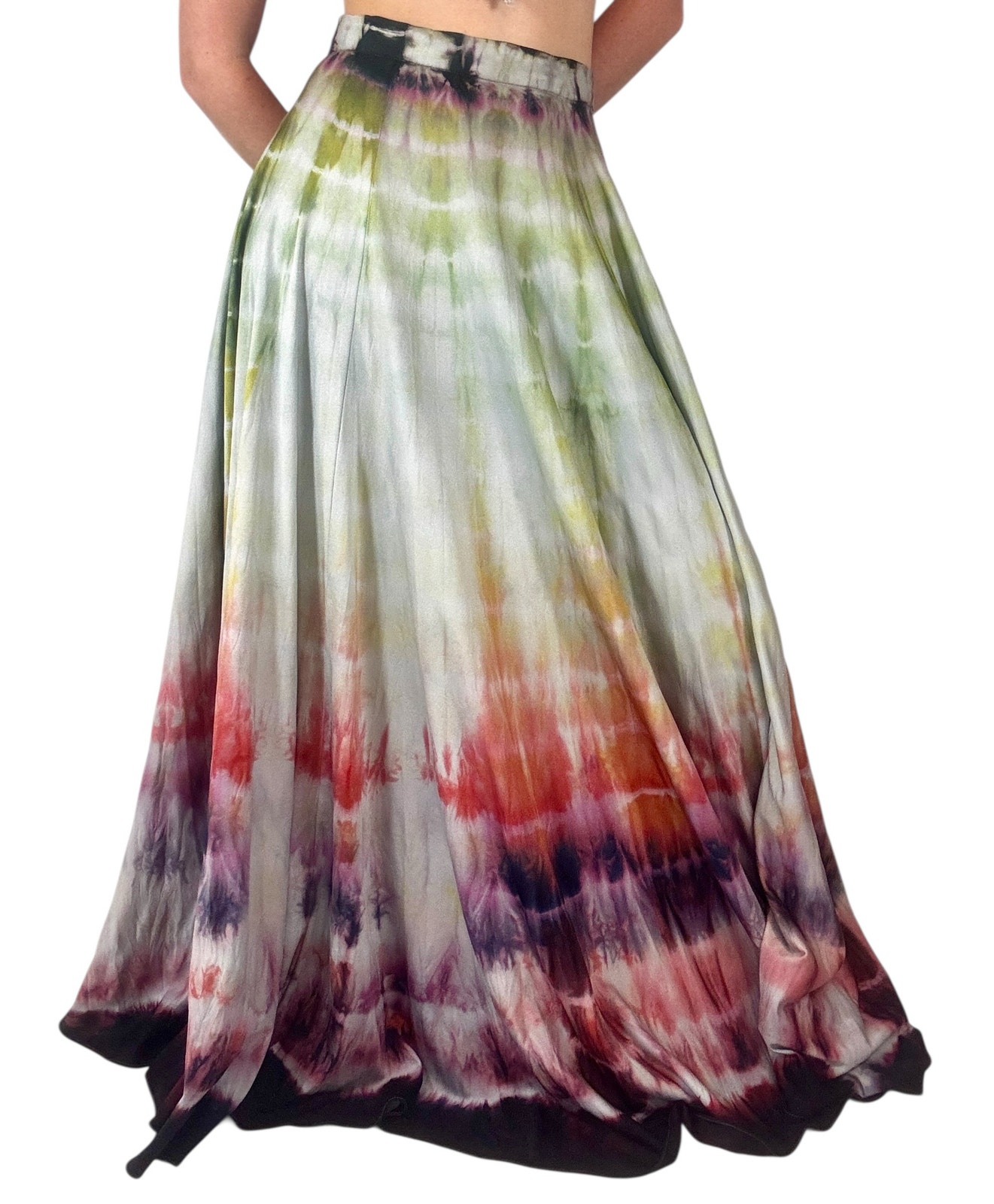 Vintage 1970s Hand Ice Dyed Rainbow Ombre Nylon Maxi Skirt Full Length